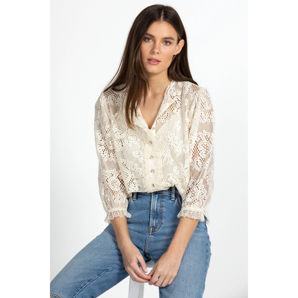 Johnny Was Betty Blouse Women L Cream Floral Lace Button Front Pearl Ruffle Trim